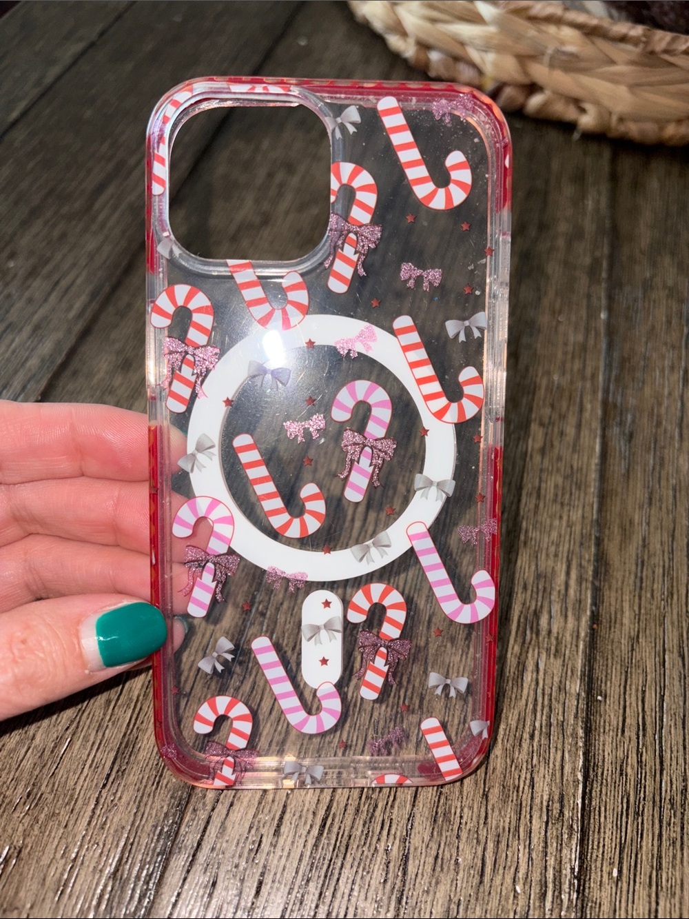 iPhone 15 Clear Candy Cane Pattern Phone Case with Pink & Red Accents